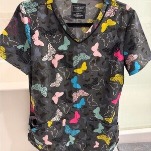 Cherokee Gray Butterfly Print Scrub Top with Multicolor Accents